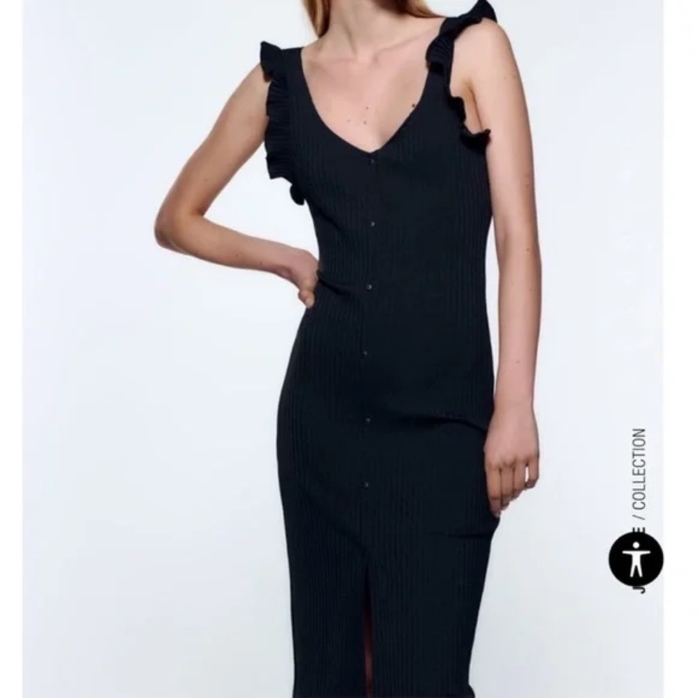 NWOT - Zara Elegant Black Button Down Ruffle Sleeved Dress